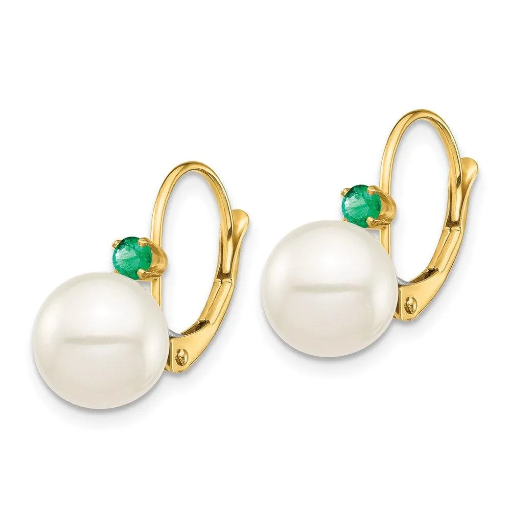 14K 8-8.5mm White Round FWC Pearl Emerald Leverback Earrings