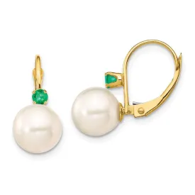 14K 8-8.5mm White Round FWC Pearl Emerald Leverback Earrings