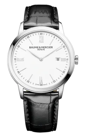 Baume & Mercier Classima White Dial Black Leather Strap Date Quartz Mens Watch M0A10414