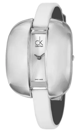 Calvin Klein Treasure White Leather Band Silver Dial Quartz Womens Watch K2E23126