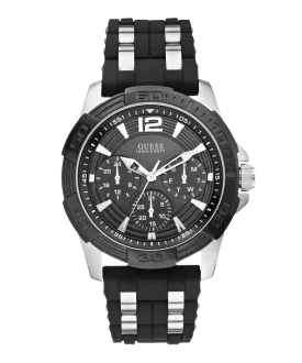 GUESS Mens Black Silver Tone Multi-function Watch