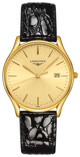 Longines Lyre Yellow Gold PVD Gold-Tone Dial Black Leather Strap Date Quartz Mens Watch L4.859.2.32.2