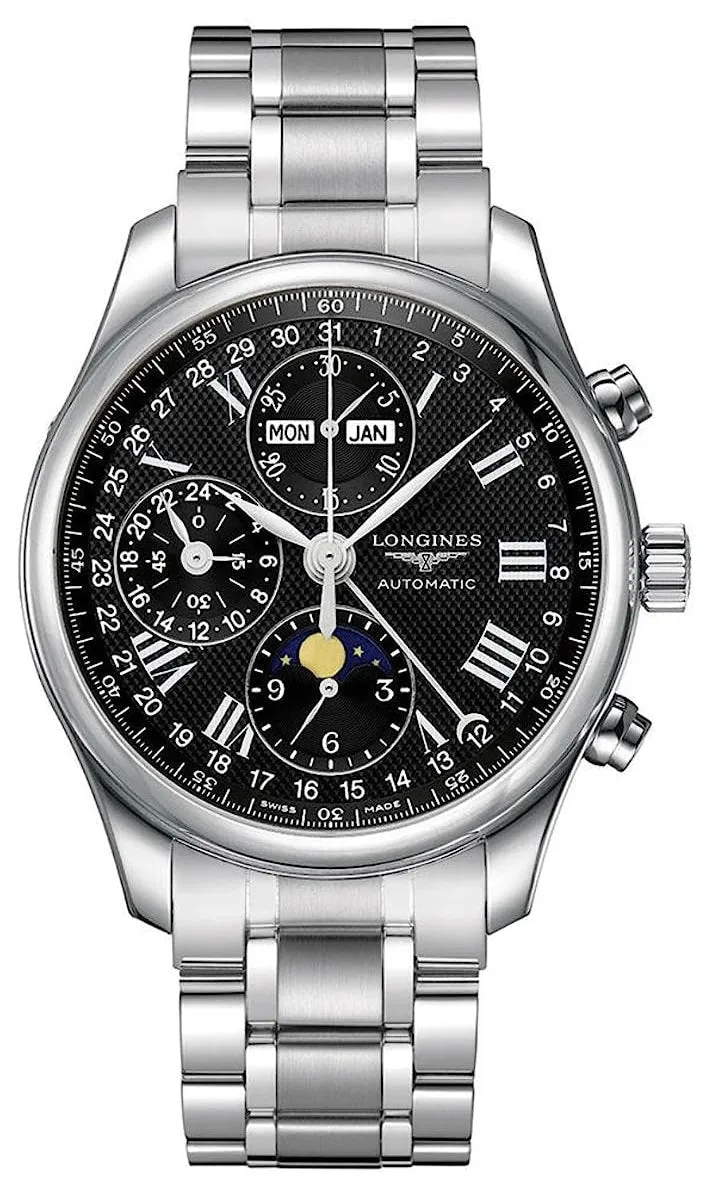 Longines Master Collection Automatic Chronograph Stainless Steel Black Dial Moonphase Day/Date Month Mens Watch L2.773.4.51.6