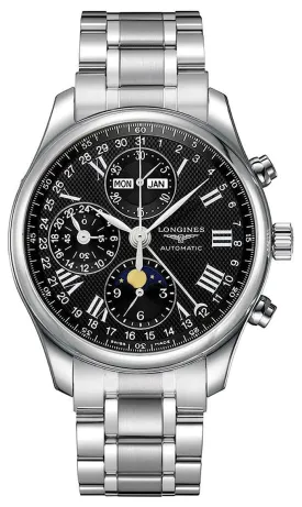 Longines Master Collection Automatic Chronograph Stainless Steel Black Dial Moonphase Day/Date Month Mens Watch L2.773.4.51.6