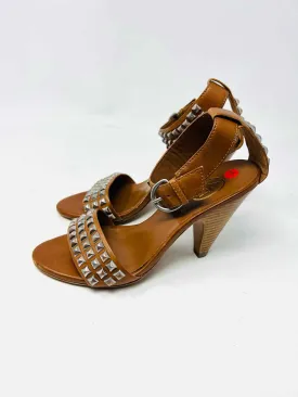 Size 3.5 Brown/Silver Studded Leather Shoes Sandals Heels